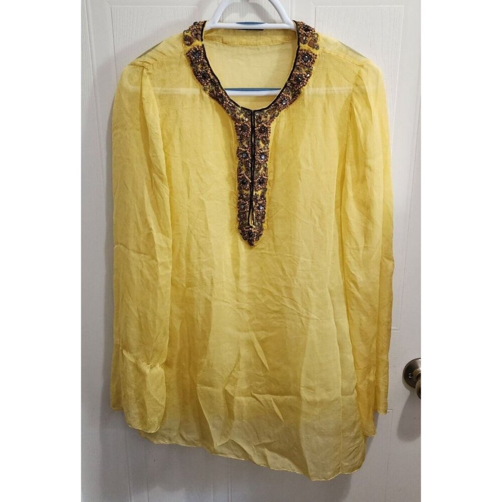 Elie Tahari Women's Sheer Beaded V-Neck Long Sleeve‎ Tunic Blouse Silk Yellow L